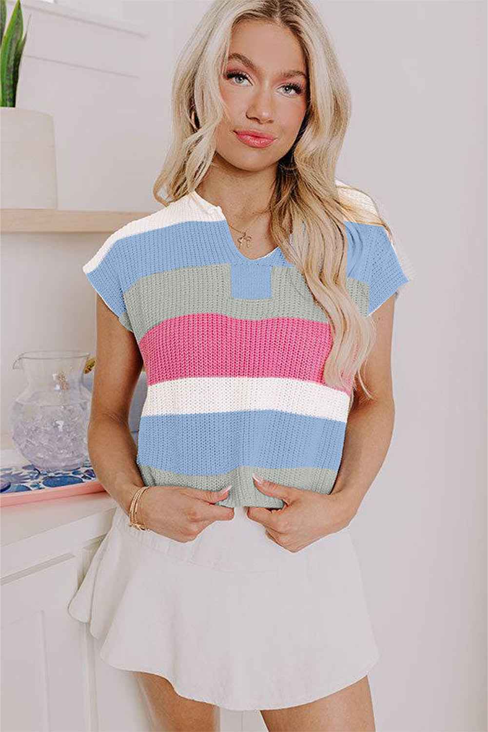 Light Blue Color Block Notch V Neck Sweater T Shirt