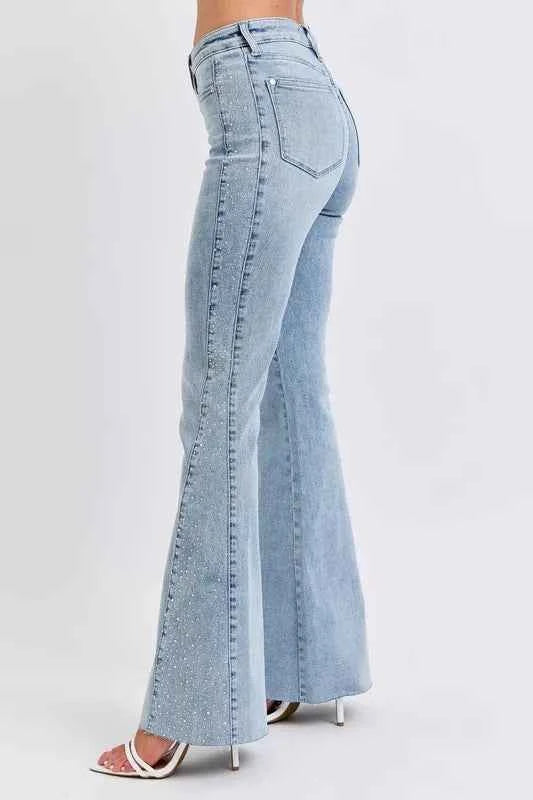 Judy Blue Full Size Mid Rise Rhinestone Side Panel Detail Flare Jeans Plus Size