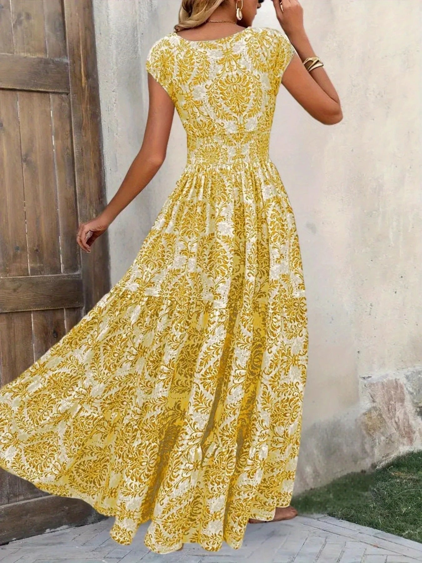 Printed Cap Sleeve Maxi Dress by Shopiebay