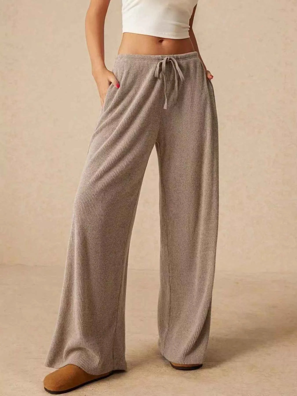 Ribbed Drawstring Wide Leg Pants