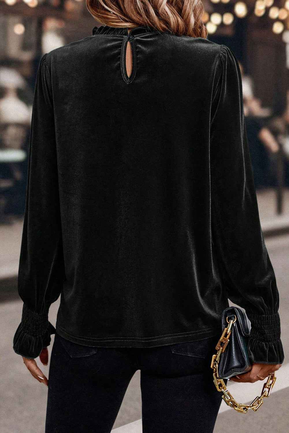 Black Frilled Collared Smocked Cuffs Puff Sleeve Velvet Blouse