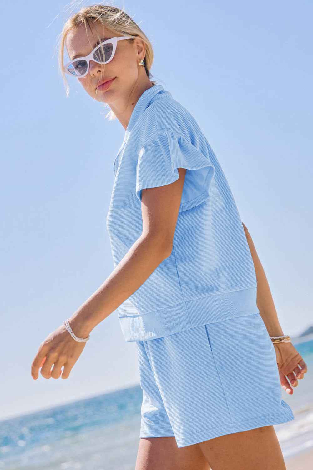 Beau Blue Ribbed Texture Half Zip Ruffled Short Sleeve Top and Shorts Set