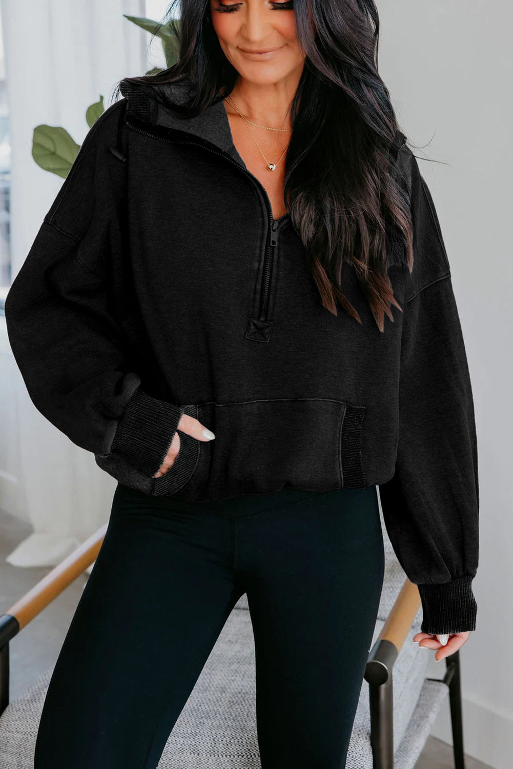 Black Half Zip Kangaroo Pocket Mineral Wash Baggy Hoodie