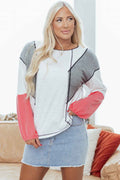 White Contrast Block Mixed Textured Knit Patchwork Casual Top