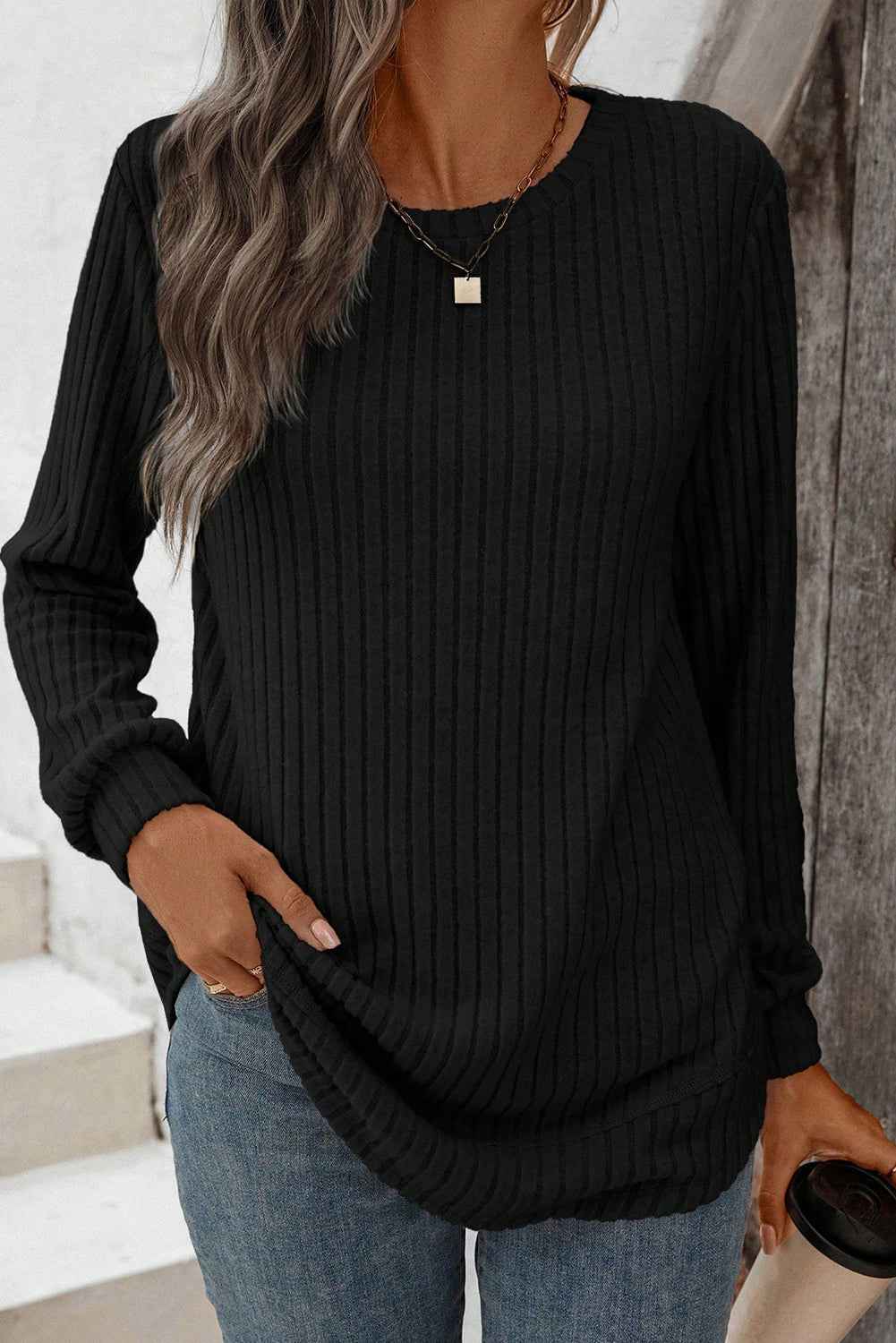 Black Ribbed Texture Round Neck Long Sleeve Rounded Hem Knit Top