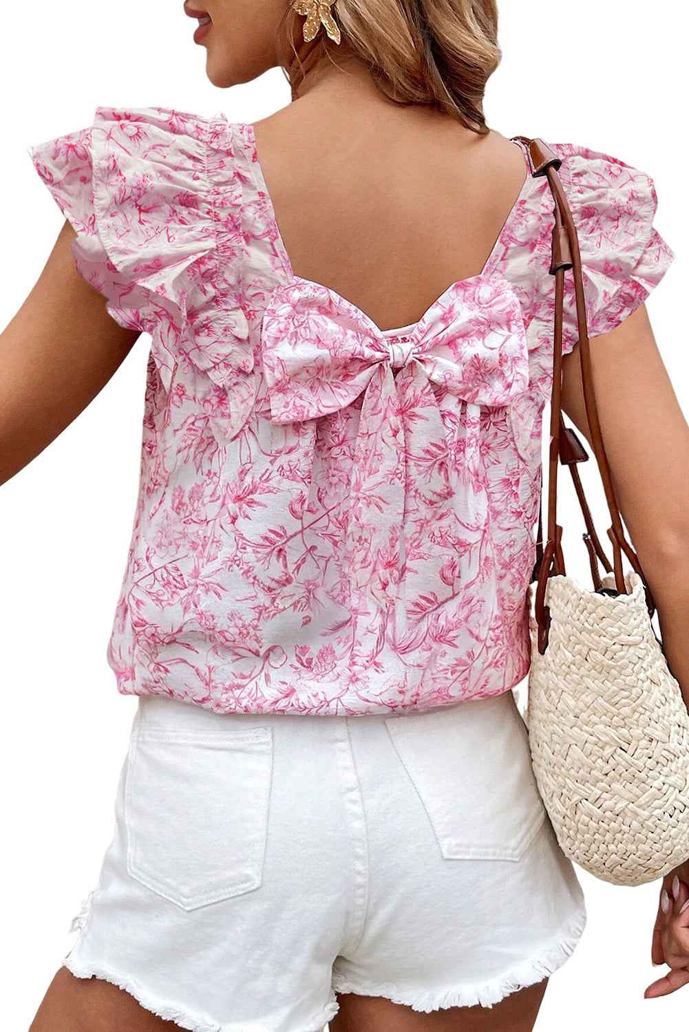 Pink Floral Ruffle Short Sleeve Bow Back Blouse