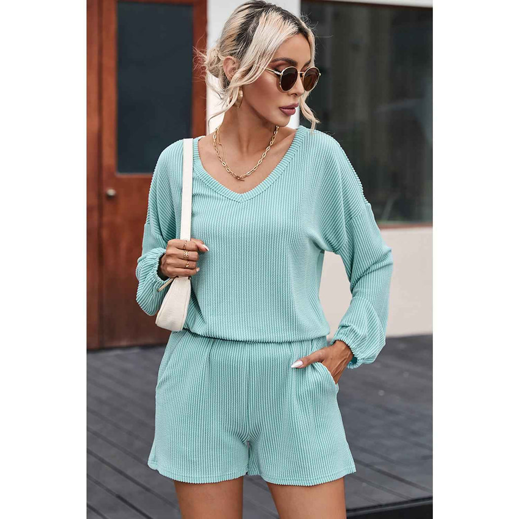 Mist Blue Corded V Neck Slouchy Top Pocketed Shorts Set Womenswear Clothing matching