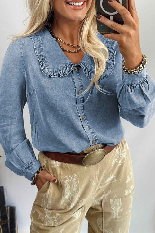 Beau Blue Ruffled Peter Pan Collar Western Denim Shirt by Wild and Free Boutique