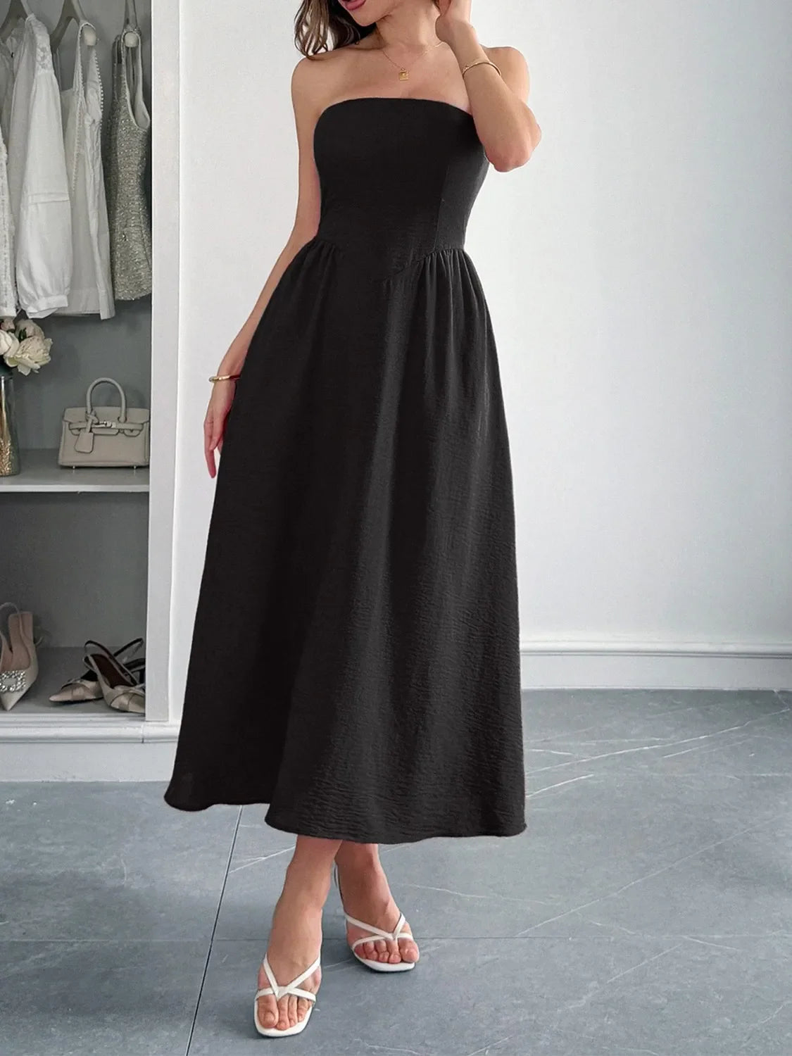 Strapless A-Line Midi Dress with Pockets by Shopiebay