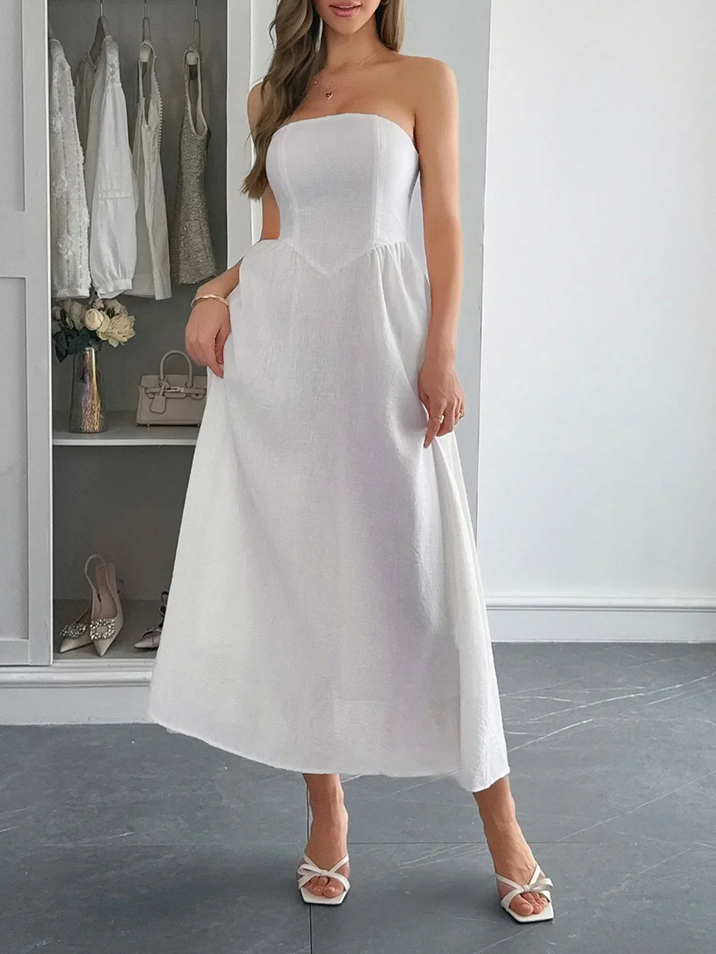 Strapless A-Line Midi Dress with Pockets by Shopiebay