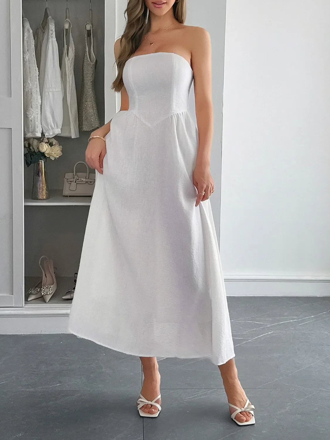 Strapless A-Line Midi Dress with Pockets by Shopiebay
