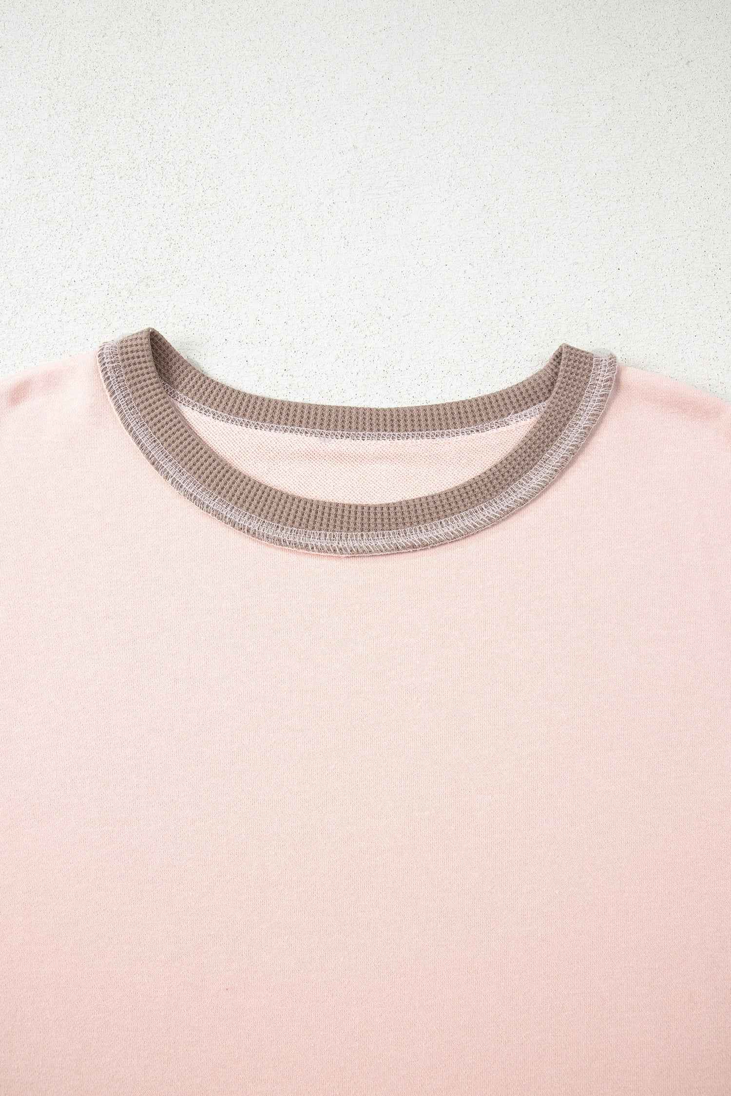 Light Pink Plus Color Block Waffle Patchwork Exposed Seam Baggy Sweatshirt
