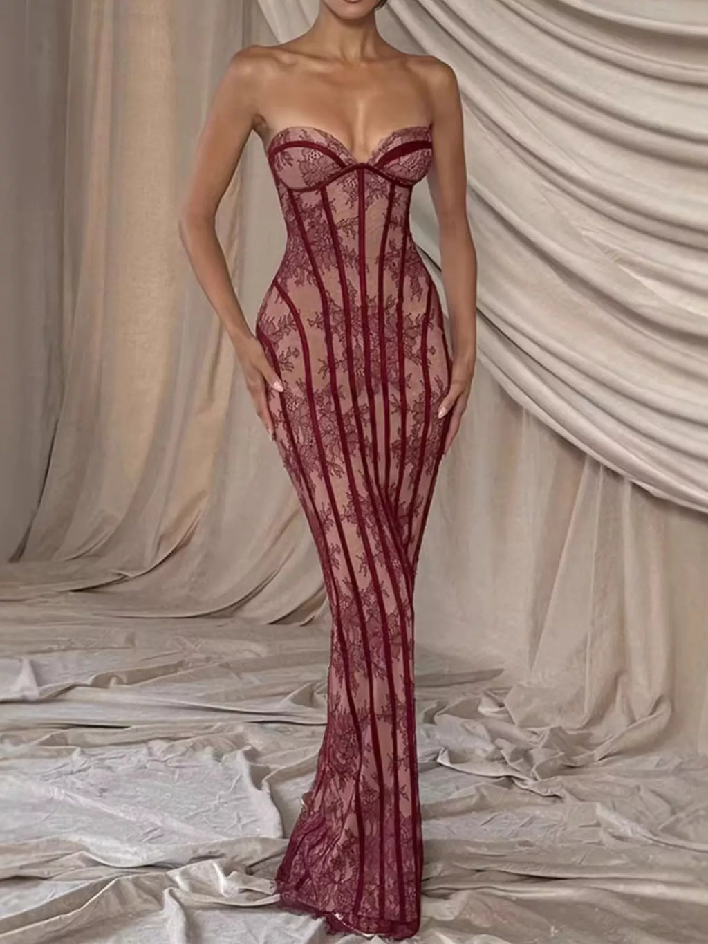 Lace Up Back Strapless Maxi Dress by Shopiebay