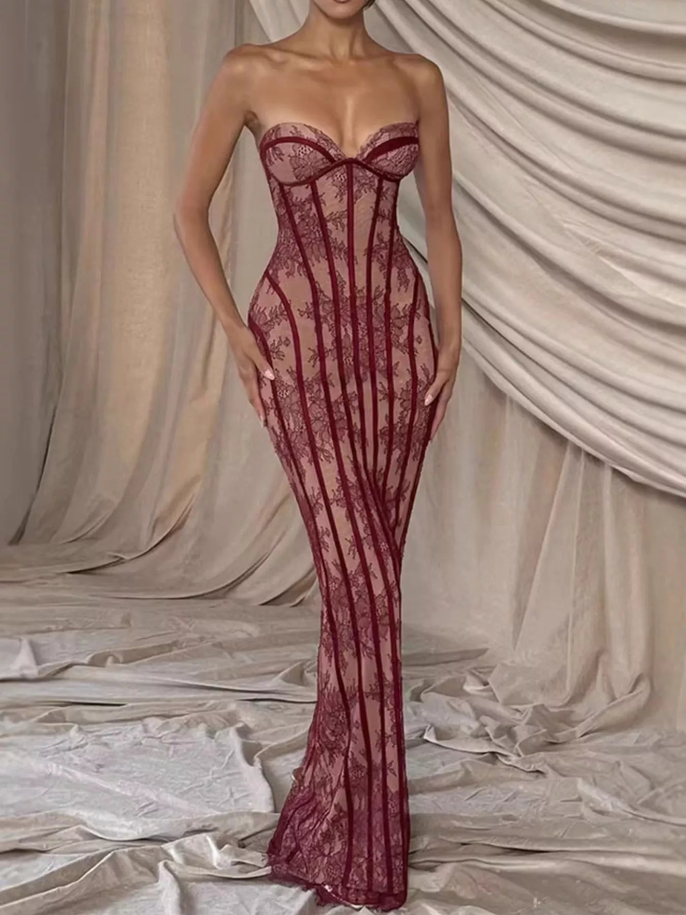 Lace Up Back Strapless Maxi Dress by Shopiebay