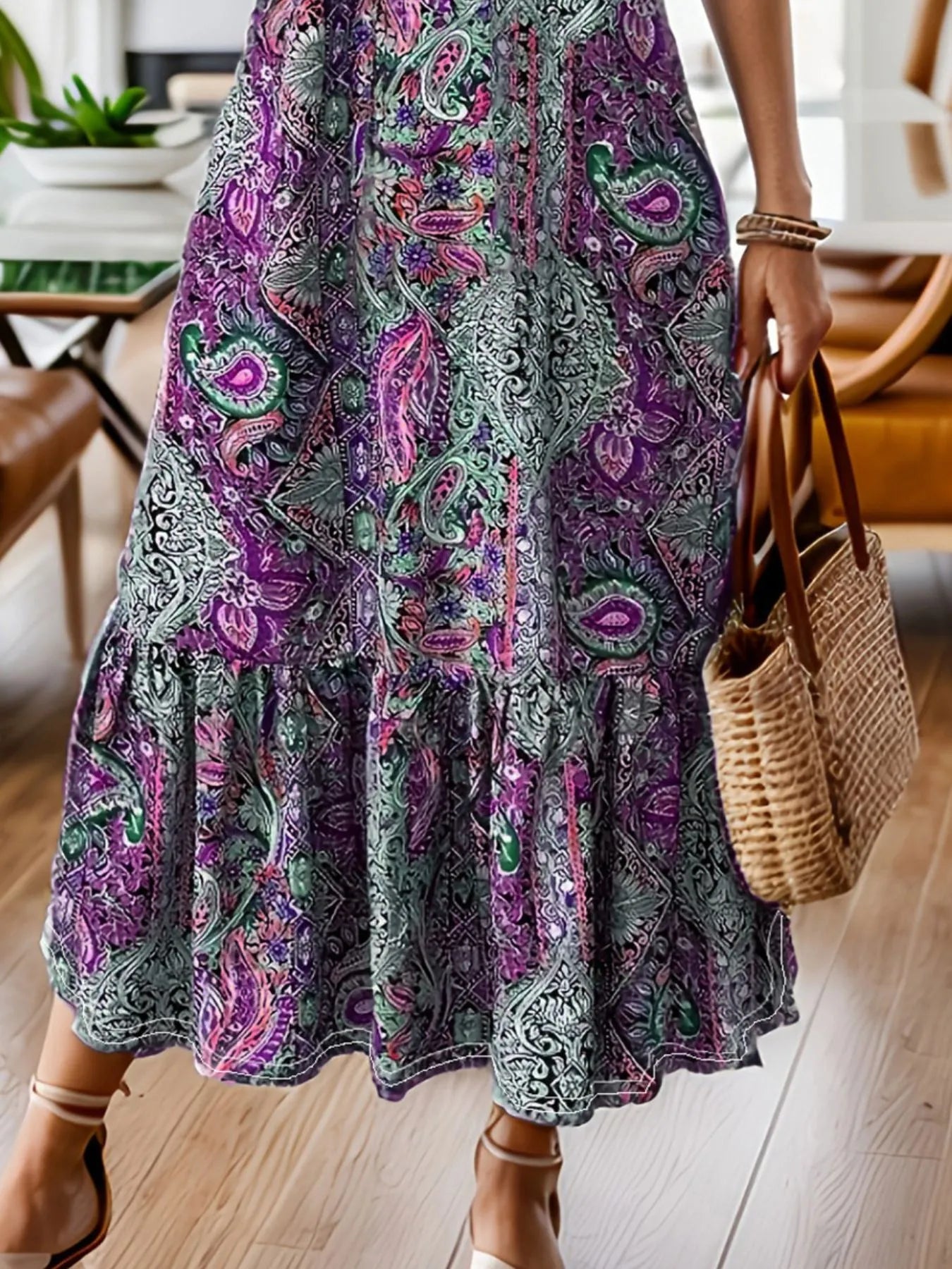 Bohemian Paisley Print Ruffle Hem Midi Dress by Shopiebay