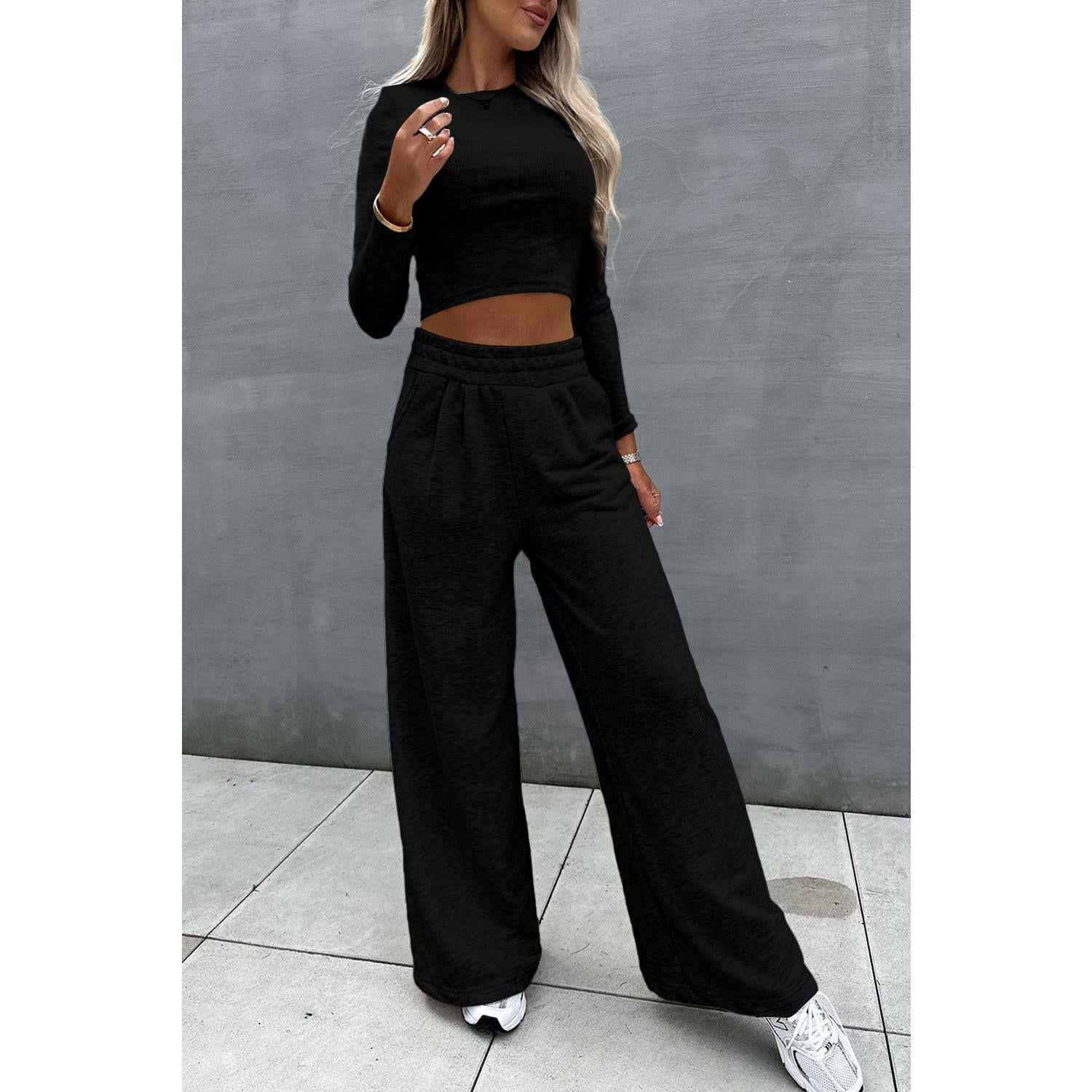 Black Crop Top and Wide Leg Pants Two Piece Set matching