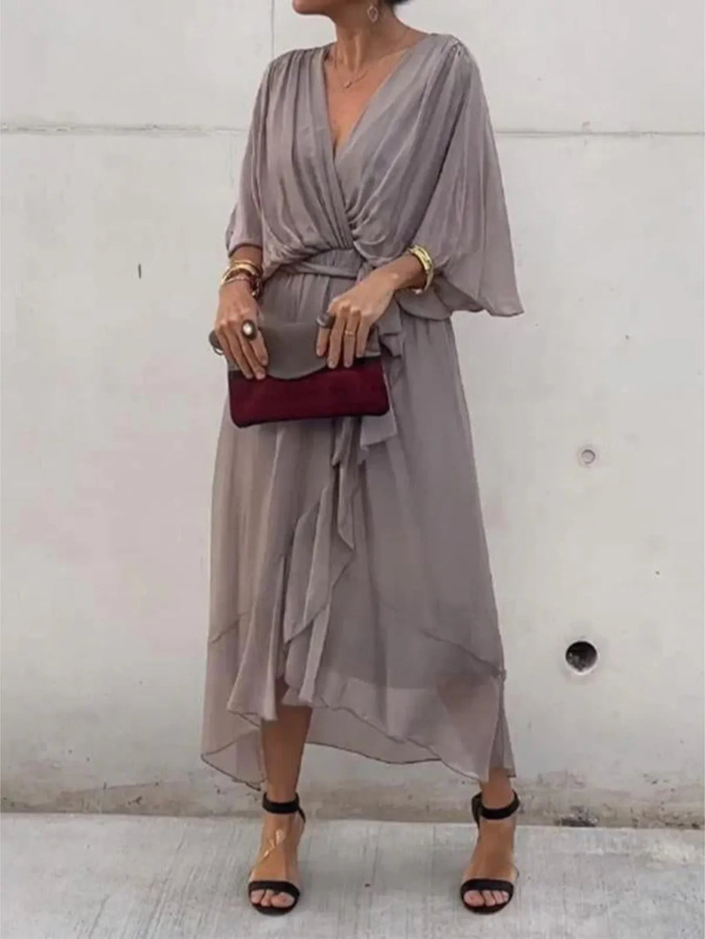 Flowy Tie Front Midi Dress with Flutter Sleeves by Shopiebay