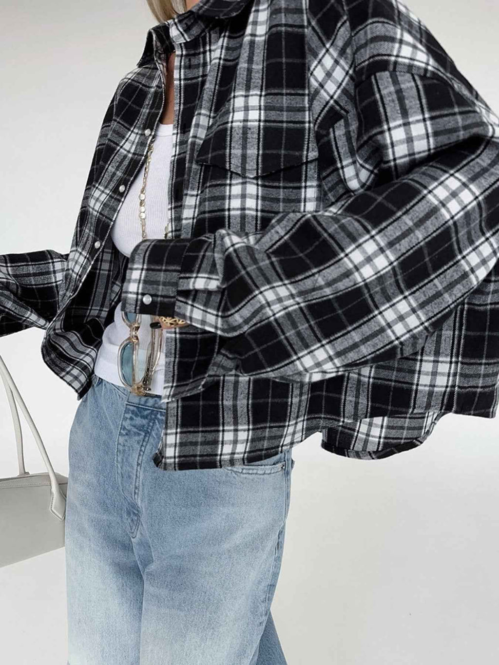 Black Oversized Plaid Button Up Shirt