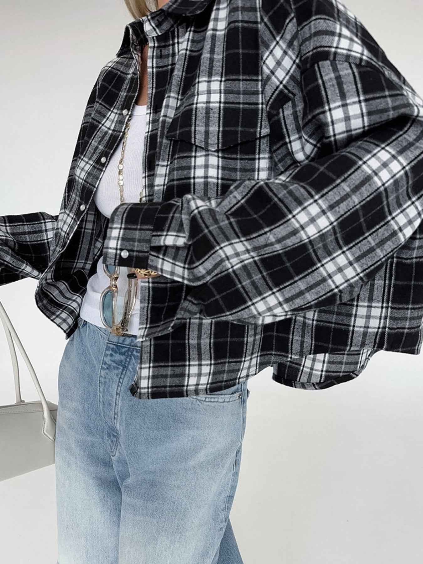 Black Oversized Plaid Button Up Shirt