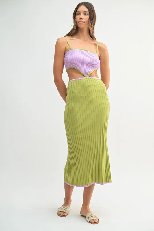 MABLE Ribbed Knit Color Block Cutout Midi Dress by Selvanelle