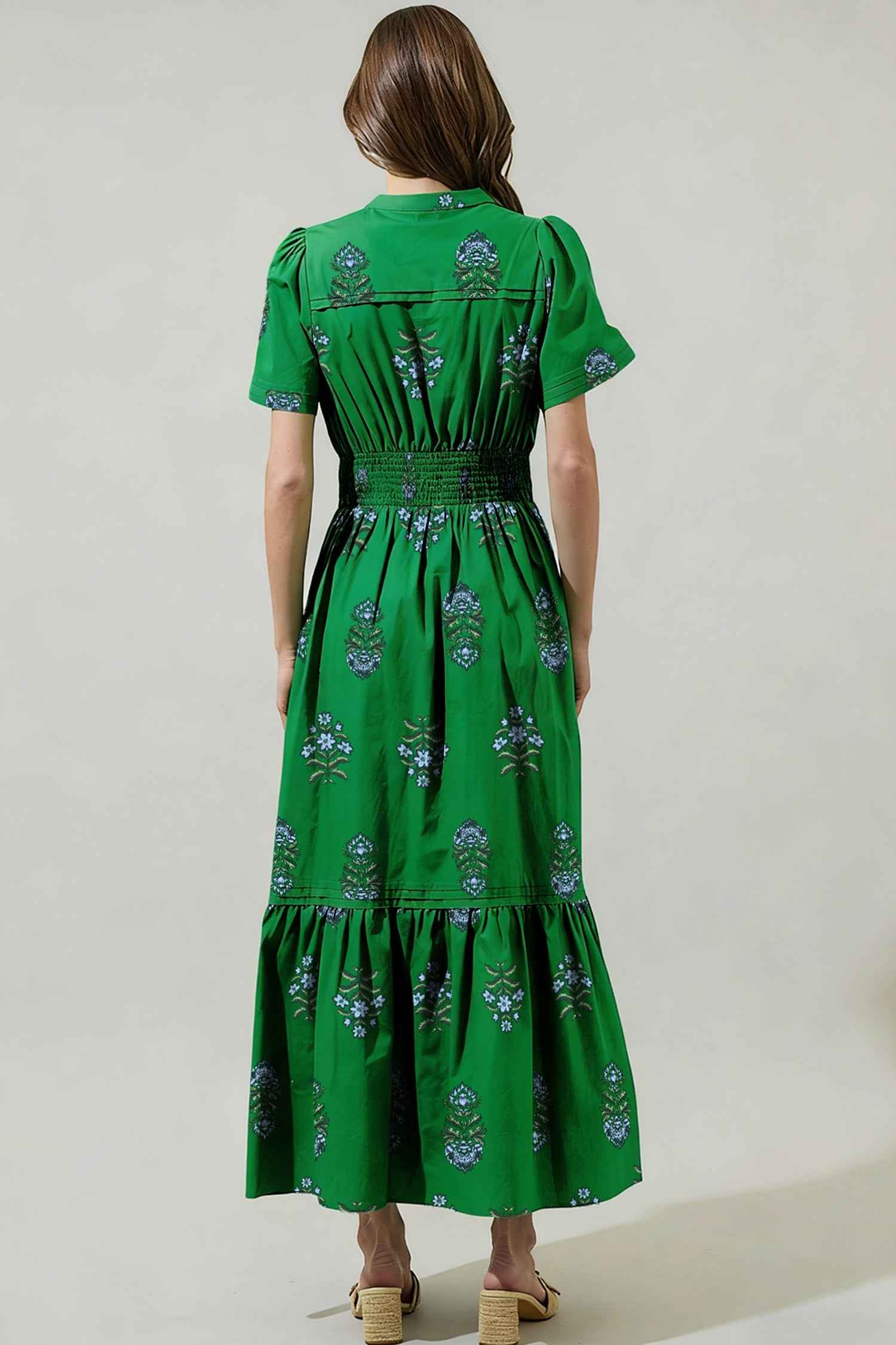 Green Floral Print Split Neck Shirred High Waist Ruffle Hem Maxi Dress