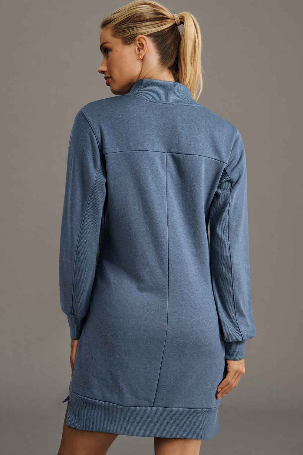 Dark Grey Zip up Collared Ribbed Patchwork Sweatshirt Dress with Pockets