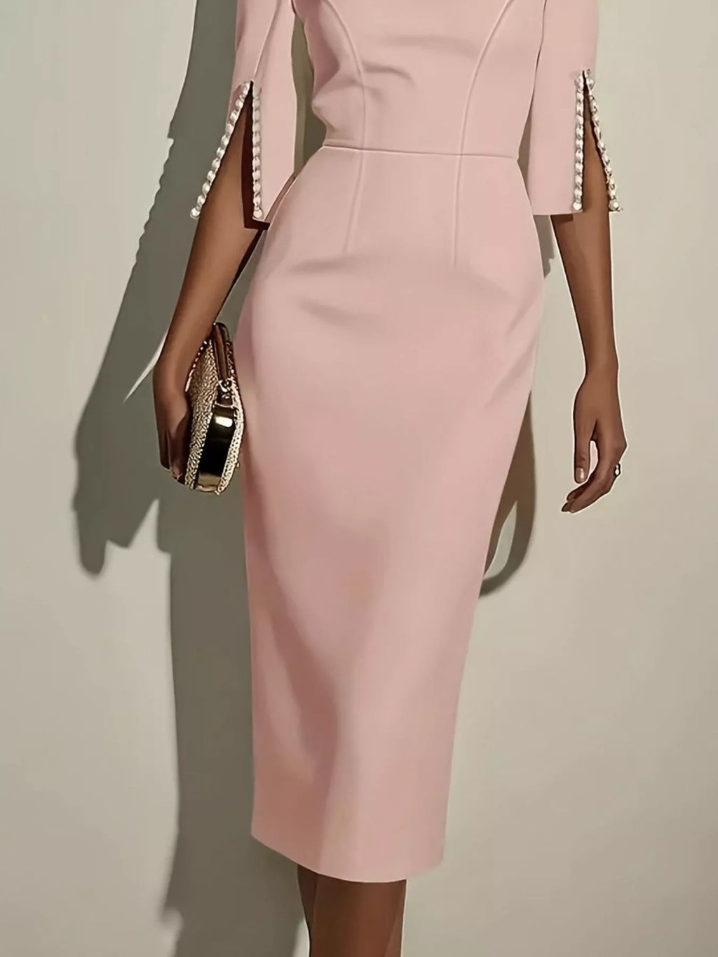 Slim-Fit Elegant Midi Dress with Beaded Slit Sleeve by Shopiebay