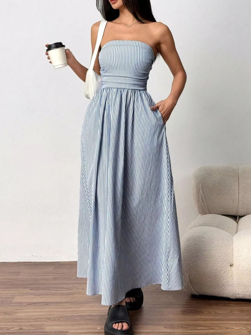 Striped Strapless Casual Maxi Dress by Shopiebay