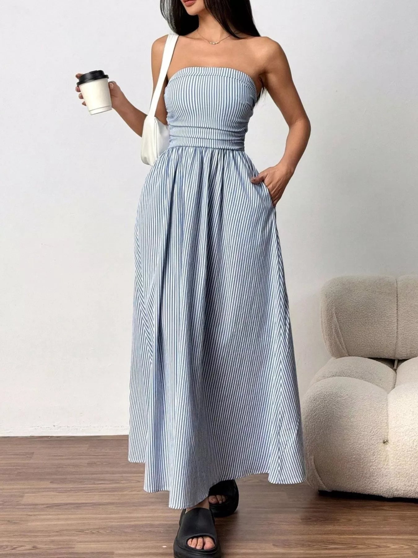 Striped Strapless Casual Maxi Dress by Shopiebay