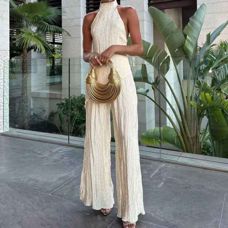 Women's Halter Elastic Waist Polyester Fiber Sleeveless Sports Suit