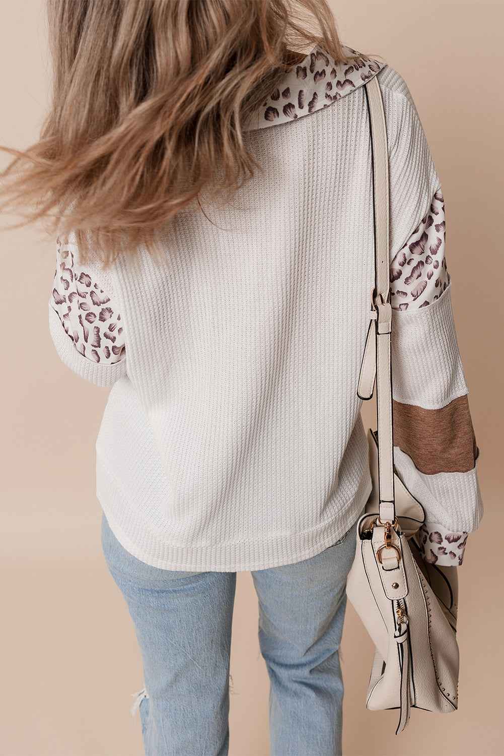 White game day Rugby Bow Embroidered Graphic Leopard Collar Color Block Patchwork Top