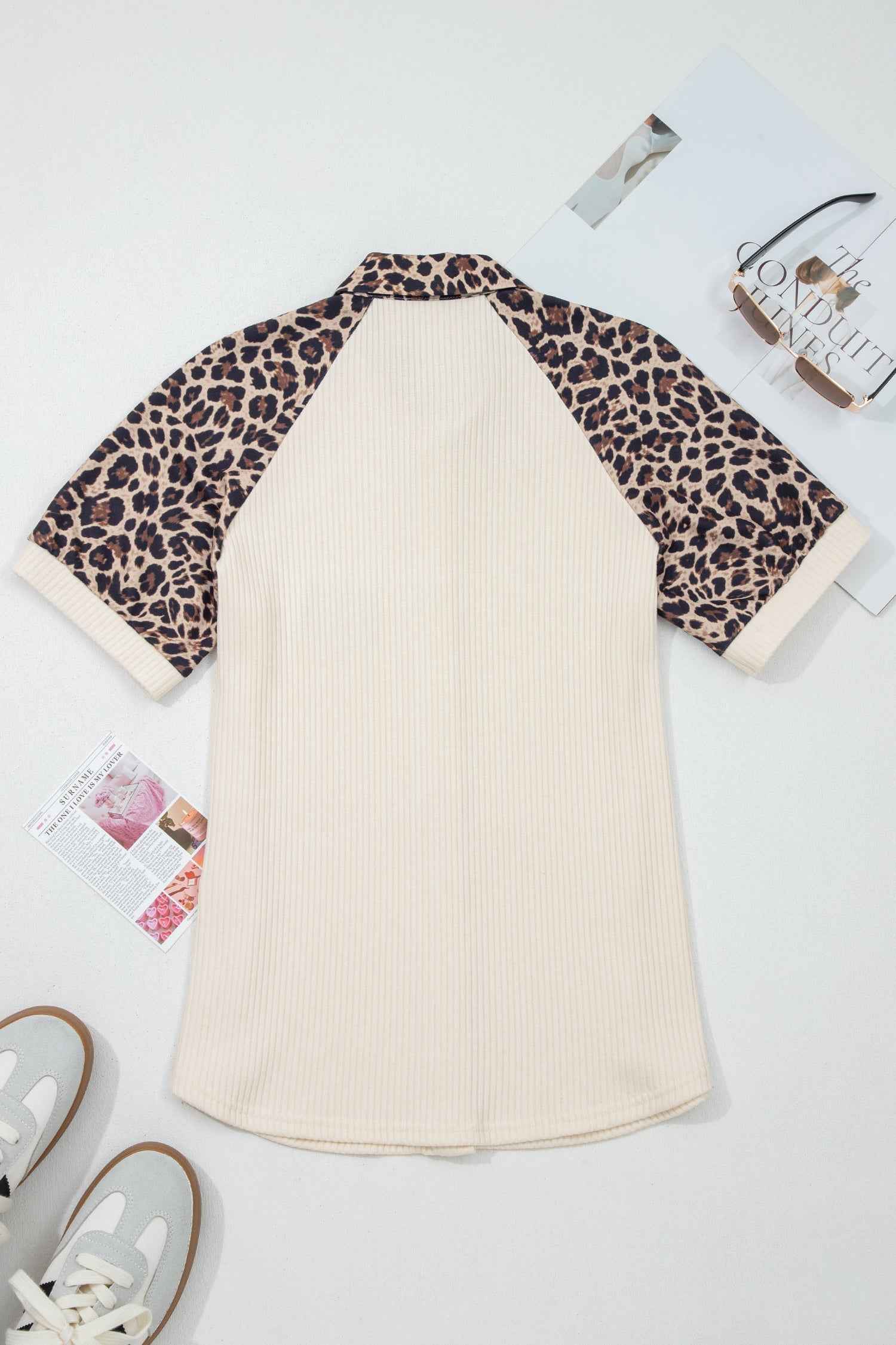 White Ribbed Texture Button Down Leopard Patchwork Short Sleeve Shirt