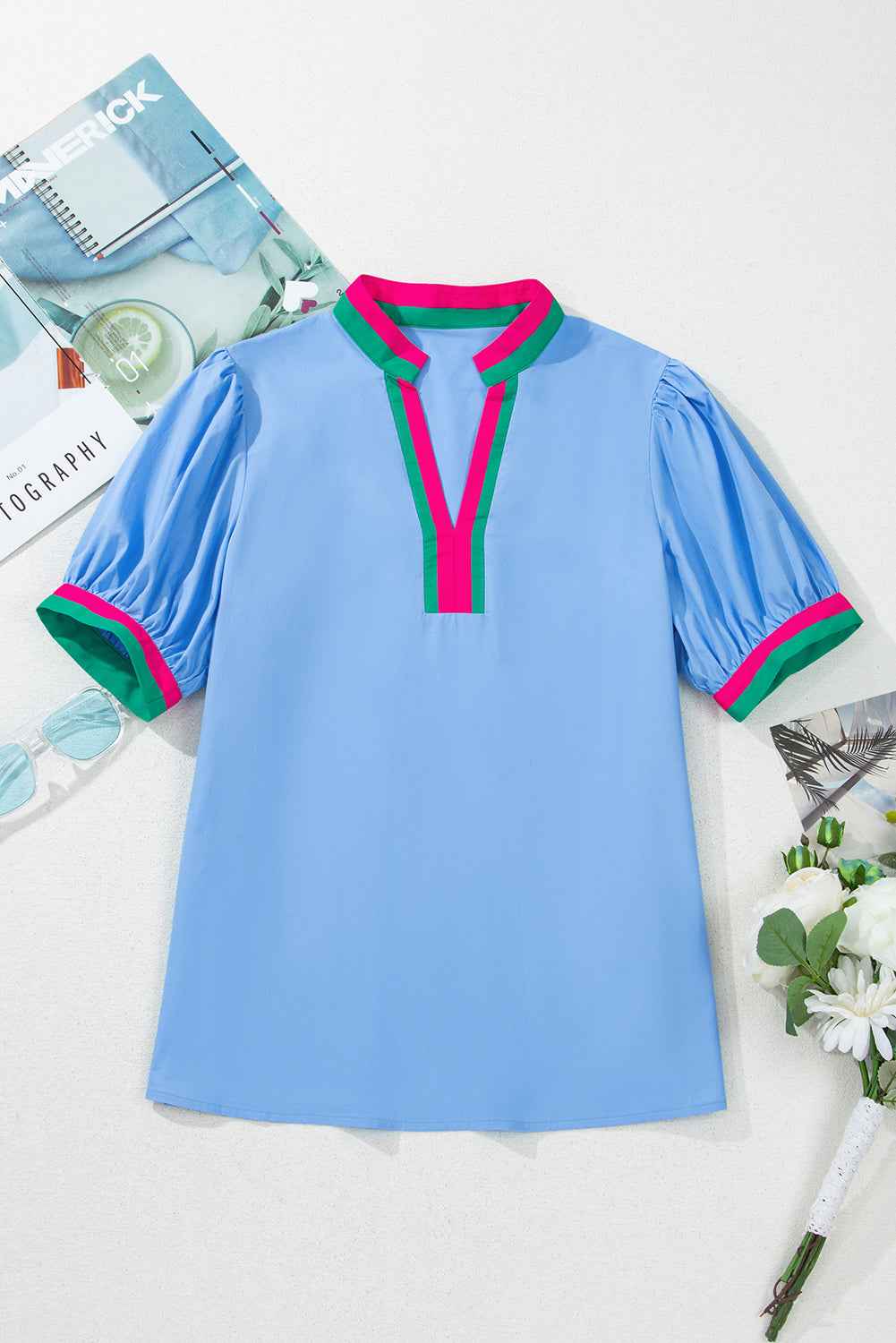 Sky Blue Puff Sleeve Pop of Color Neckline Blouse