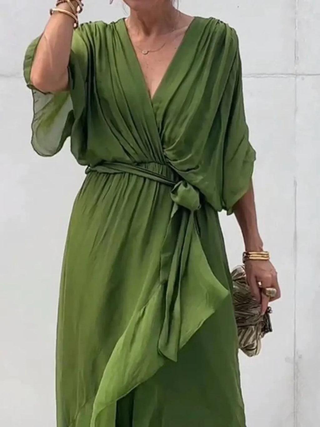 Flowy Tie Front Midi Dress with Flutter Sleeves by Shopiebay