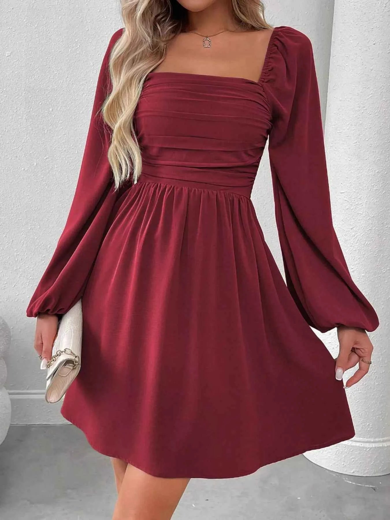 Ruched Square Neck Long Sleeve A-Line Dress