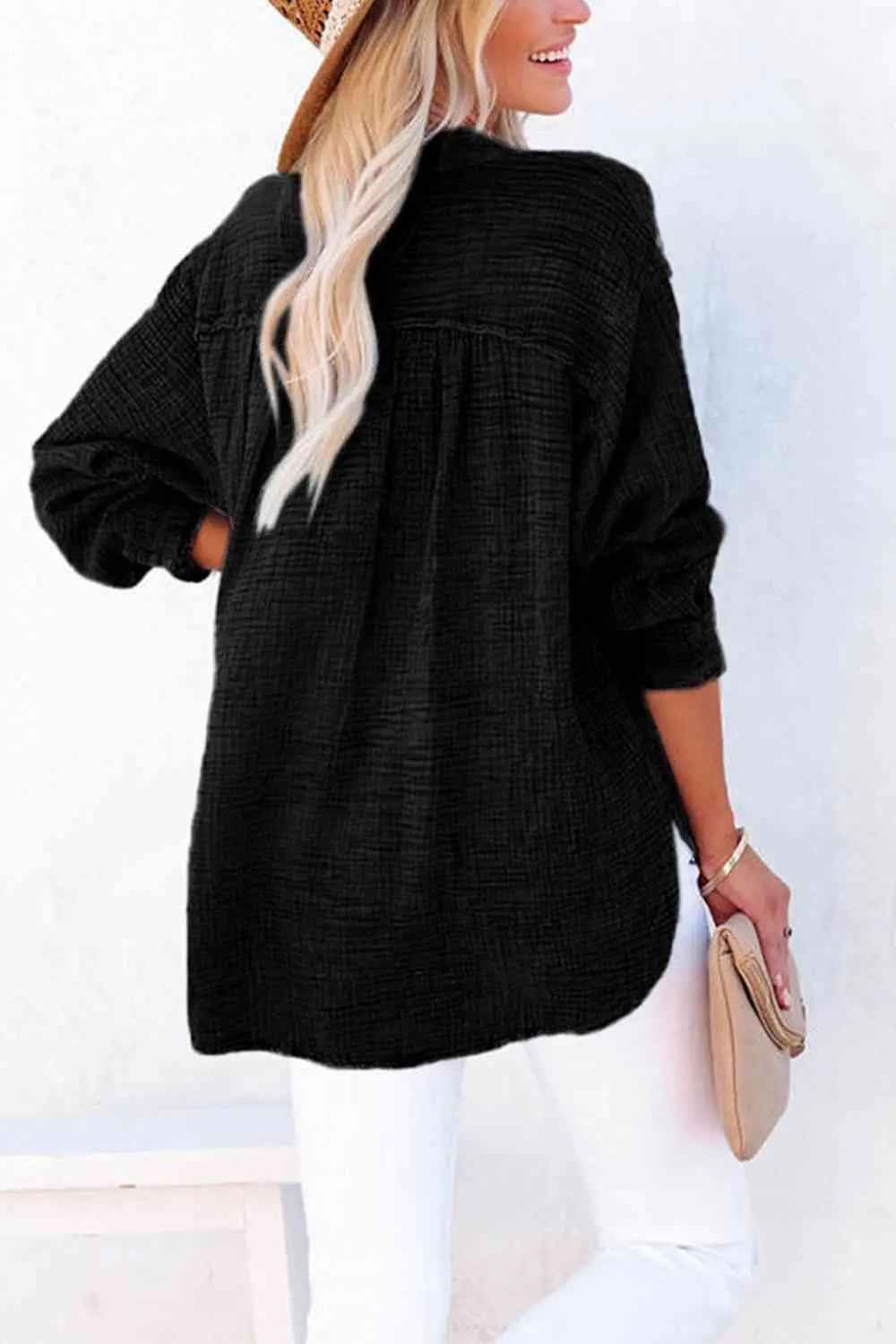 Women's Textured Cotton Buttoned Long Sleeve Blouse