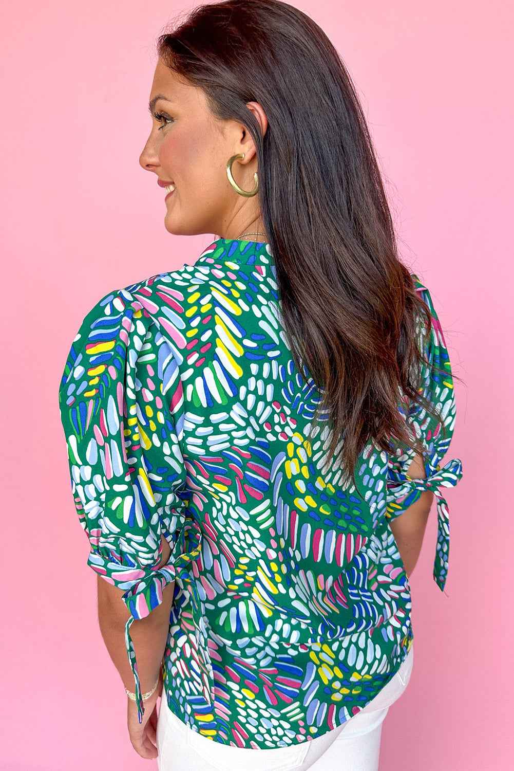 Green Geometric Print Puff Sleeve Notched Neck Blouse