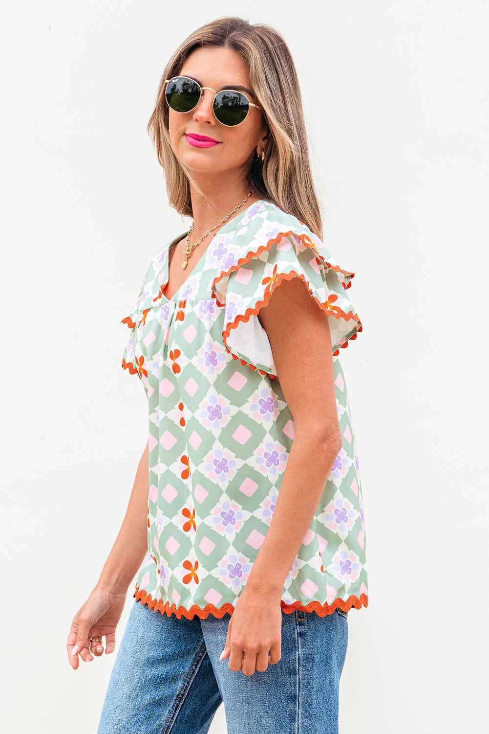 Green Geometric Floral Print Layered Flutter Sleeve V Neck Ric Rac Trim Blouse