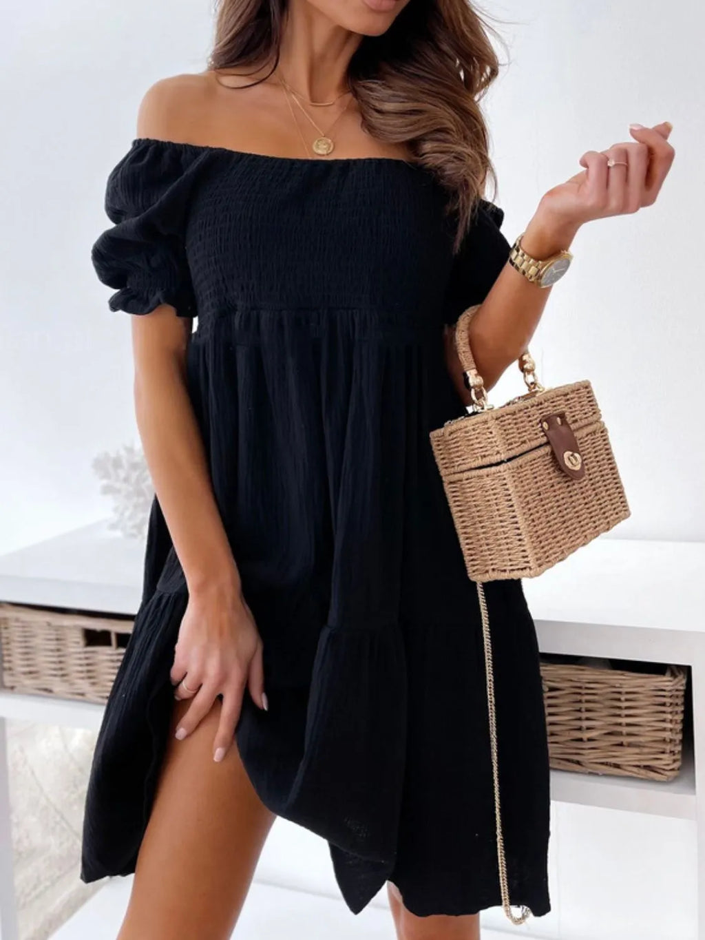 Smocked Off-Shoulder Mini Dress by Shopiebay