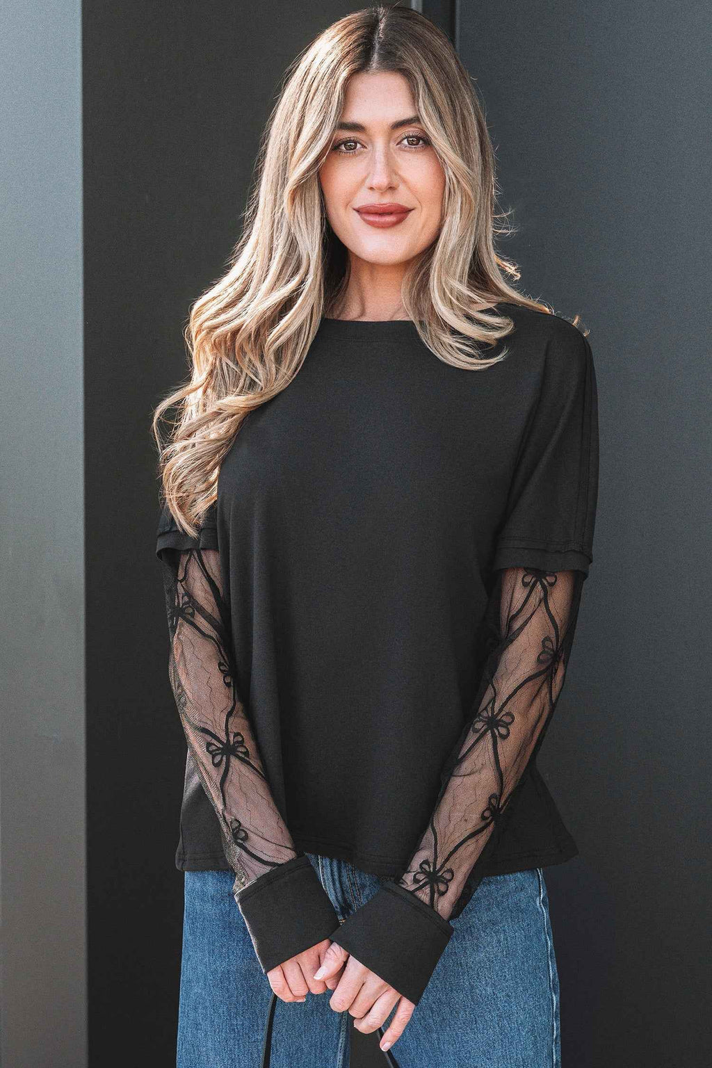 Light Pink Solid Color Bow Textured Patchwork Long Sleeve Tee