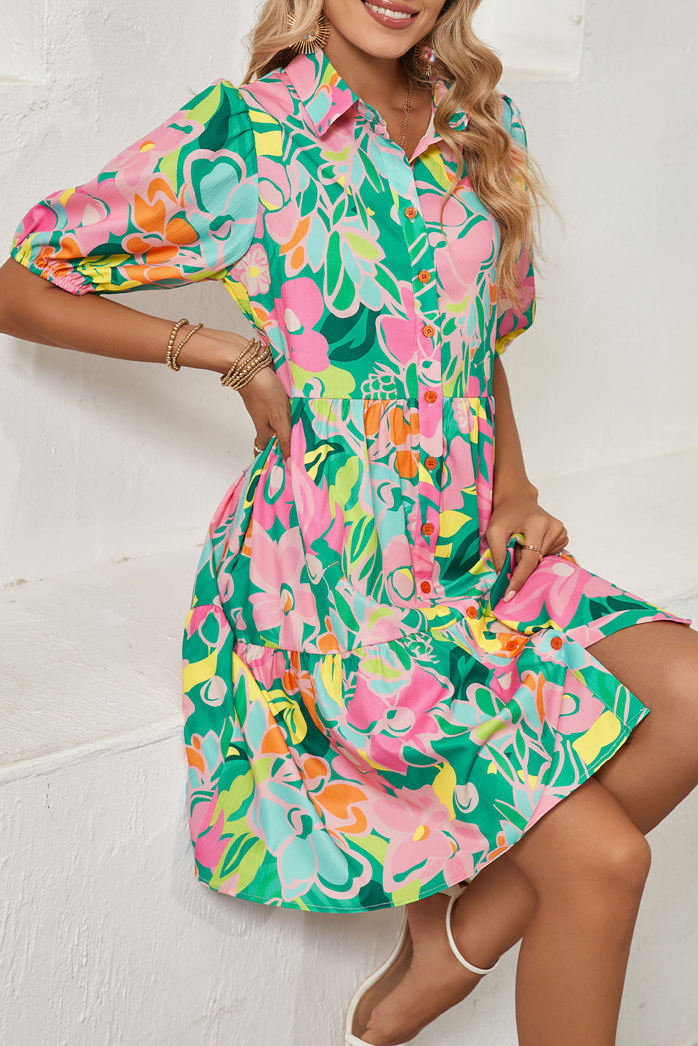 Pink Floral Puff Sleeve Collar Buttoned Babydoll Dress