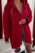 Racing Red Contrast Cuffed Drop Shoulder Zip up Tunic Hoodie
