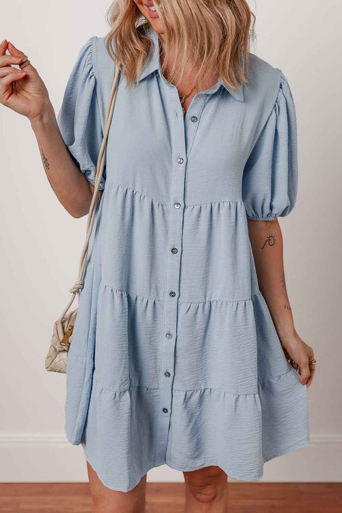 Beau Blue Shirt Collar Button Up Short Puff Sleeve Tiered Shift Dress by Wild and Free Boutique