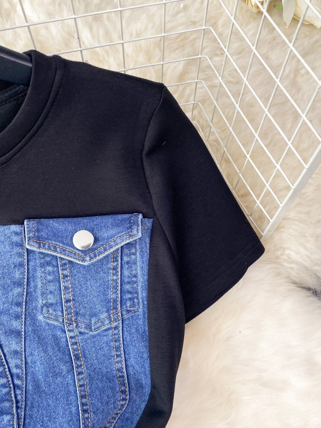 Full Size Denim Patchwork Short Sleeve Slit Back Dress Plus Size by Shopiebay