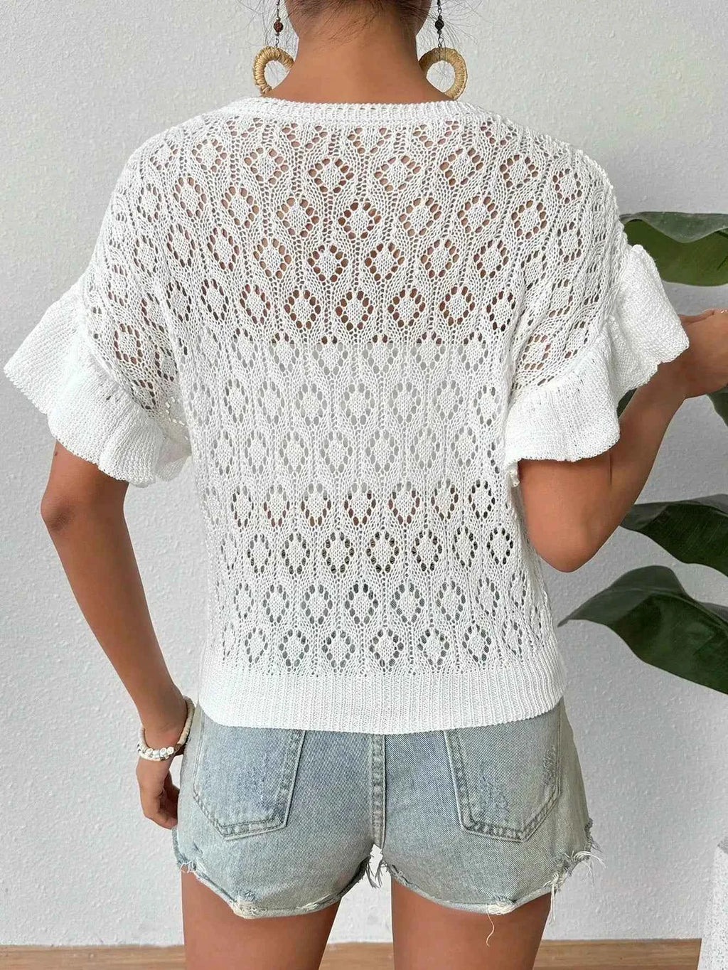 Ruffled Openwork Knit Short Sleeve Top – Sheer Lightweight Layer