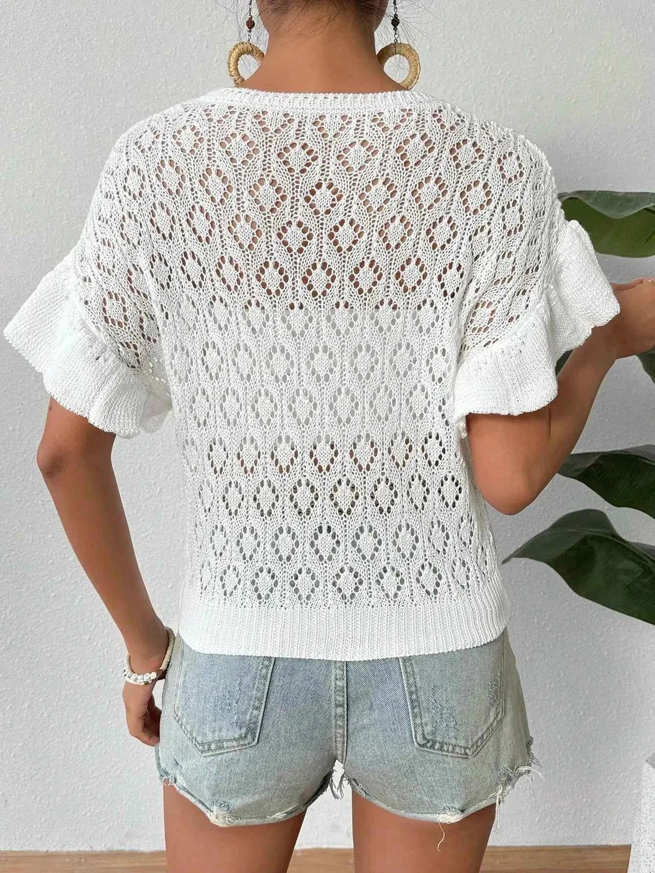 Ruffled Openwork Knit Short Sleeve Top – Sheer Lightweight Layer