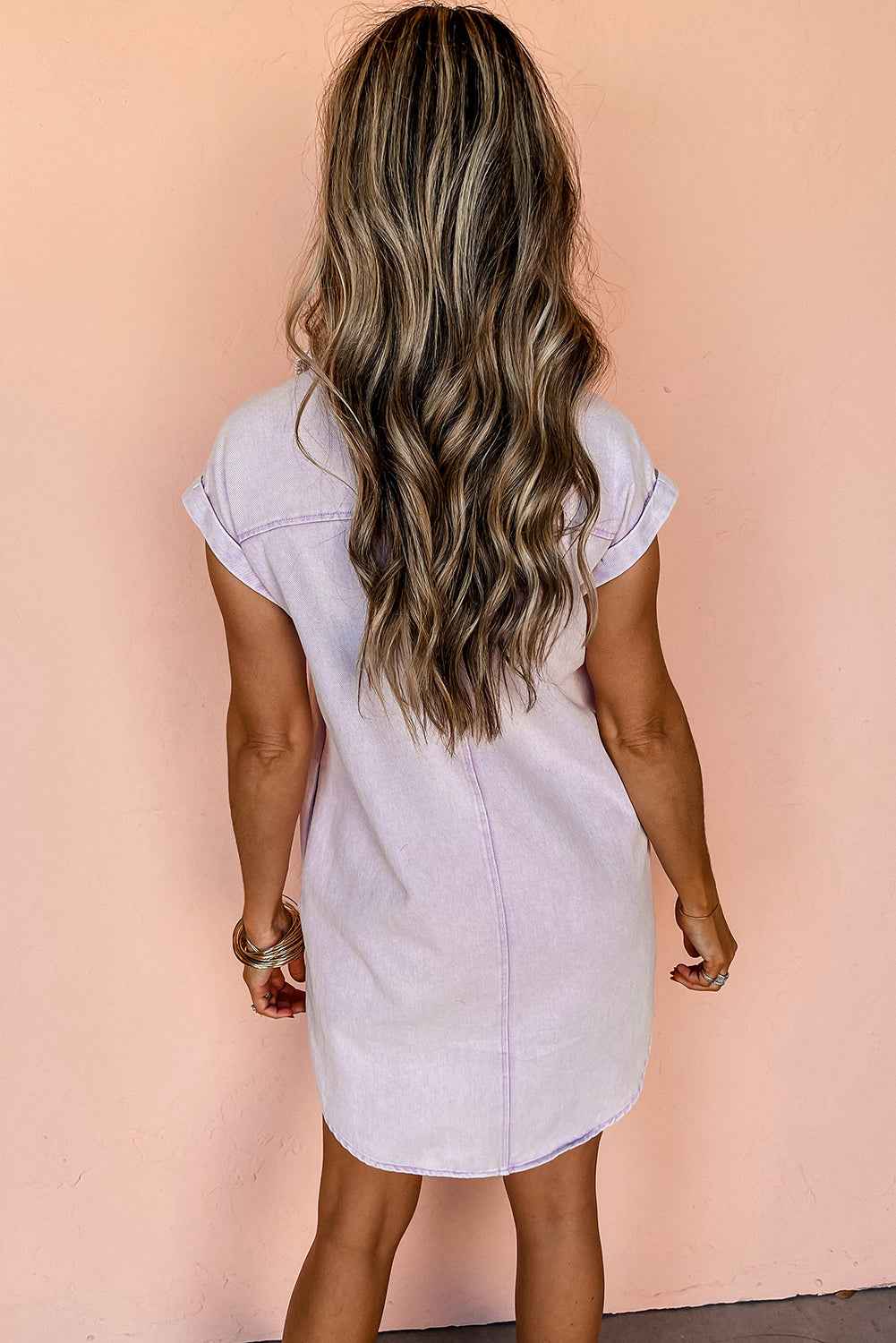 Orchid Petal Short Sleeve Double Chest Pocket Denim Shirt Dress