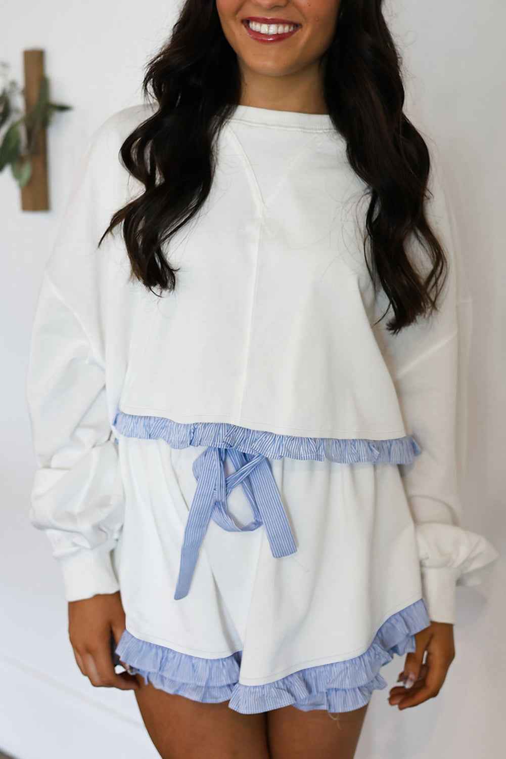Yellow Cream Gingham Ruffle Hem Long Sleeve Pullover and Shorts Set
