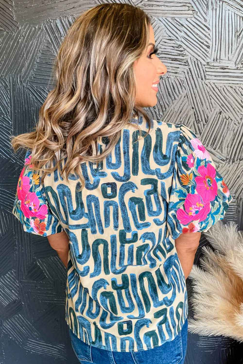 Beige Embroidered Puff Sleeve Frilled Neck Printed Top by Wild and Free Boutique
