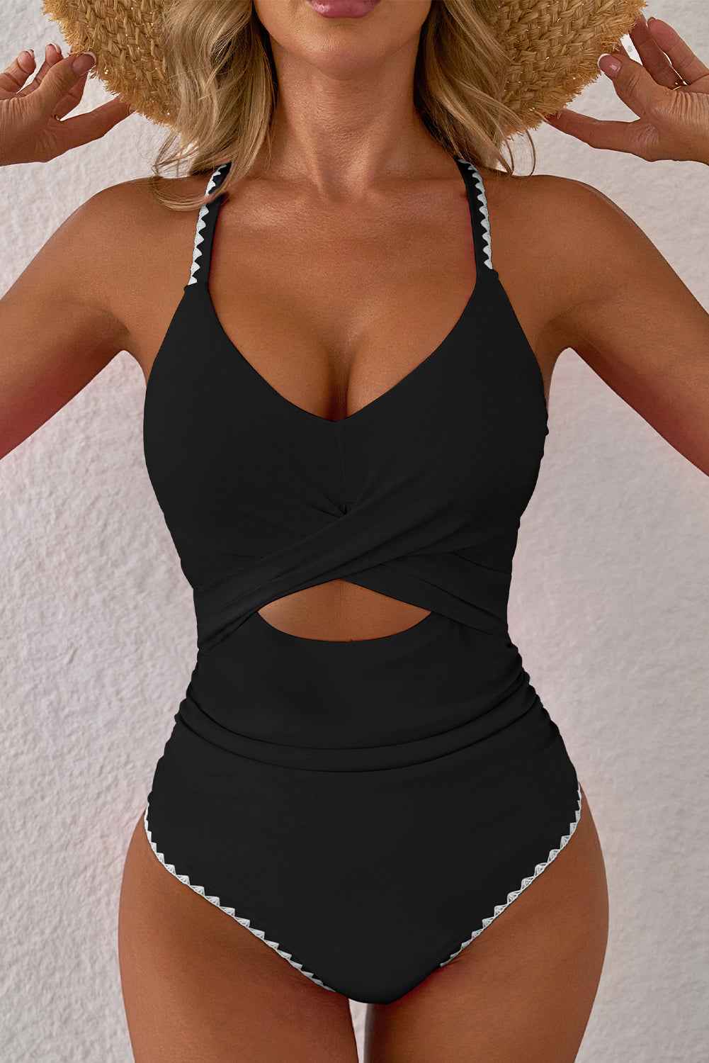 Black Ric Rac Trim Cutout One Piece Swimsuit